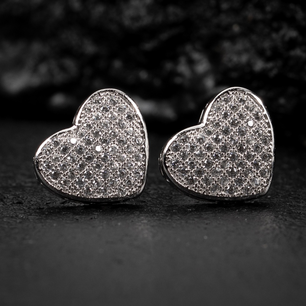 Large White Gold 925 Sterling Silver Micro Pave Women's Cz Heart Stud Earrings